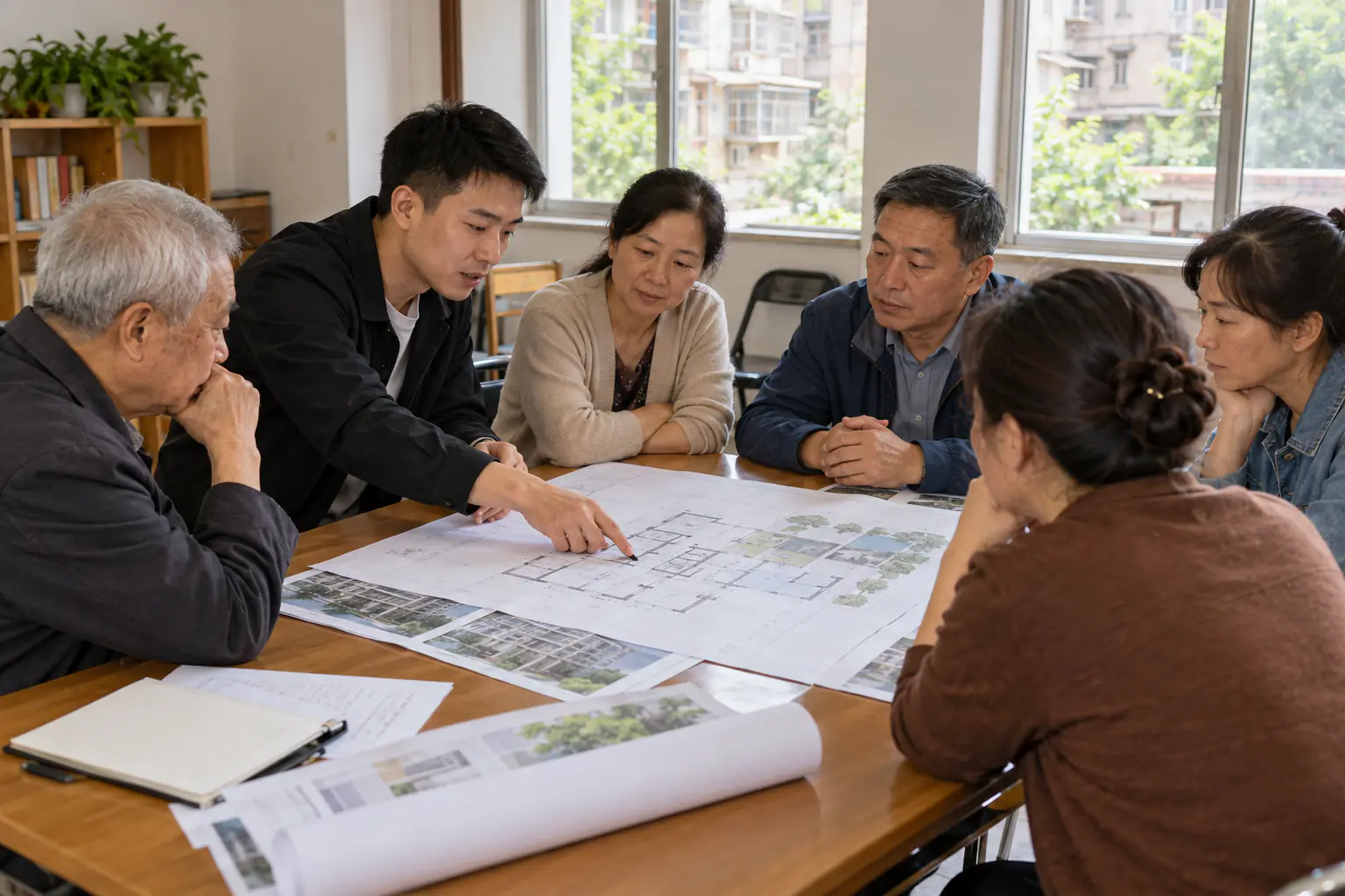 居民和项目参与方讨论加梯方案的场景示意