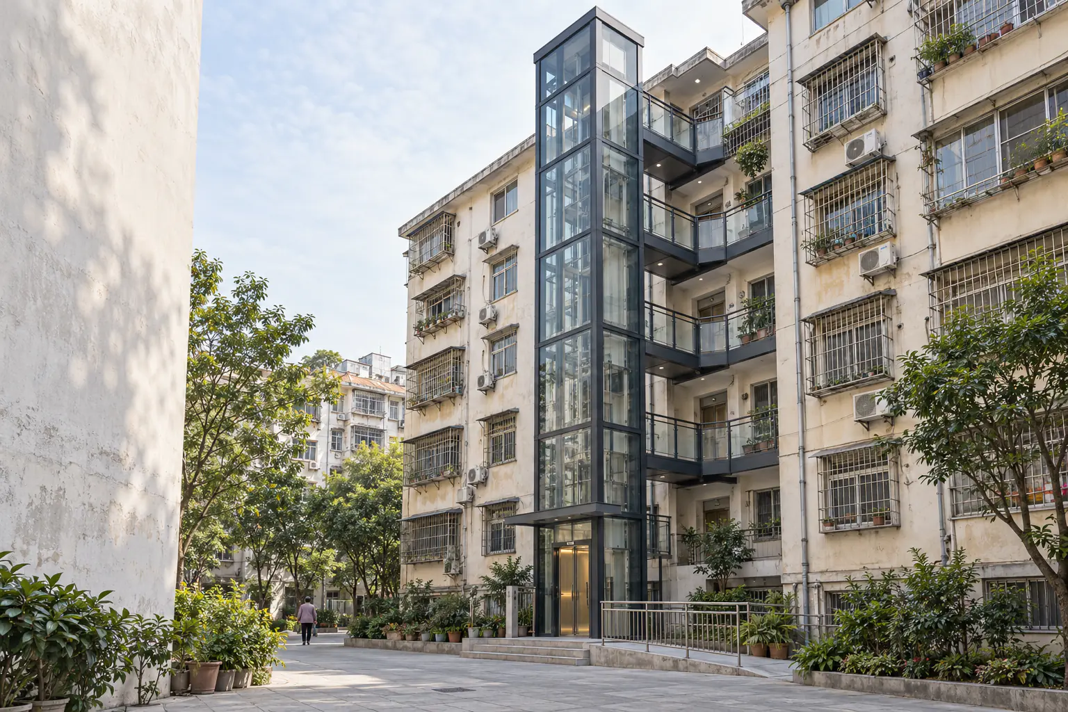 老旧住宅更新外置电梯的建筑场景示意